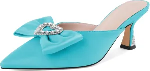AUMOTED Women Kitten Heel Mules Rhinestone Bow Sandals Pointed Toe Heeled Mule Slip On Low Heels Slipper Glitter Mesh Wedding Bridal Shoes 2.5 Inch