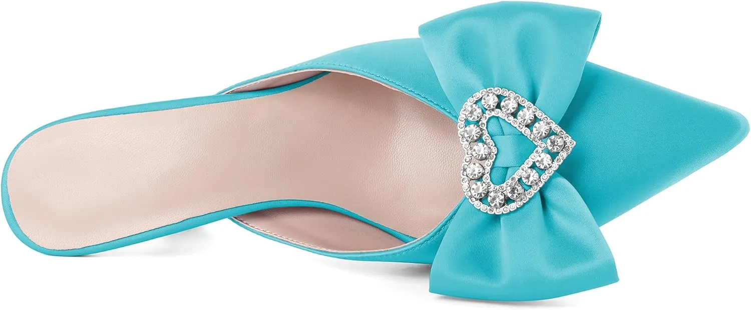 AUMOTED Women Kitten Heel Mules Rhinestone Bow Sandals Pointed Toe Heeled Mule Slip On Low Heels Slipper Glitter Mesh Wedding Bridal Shoes 2.5 Inch