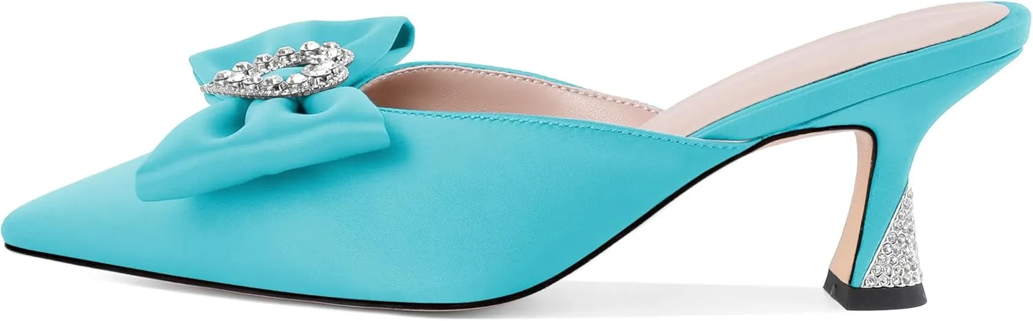 AUMOTED Women Kitten Heel Mules Rhinestone Bow Sandals Pointed Toe Heeled Mule Slip On Low Heels Slipper Glitter Mesh Wedding Bridal Shoes 2.5 Inch