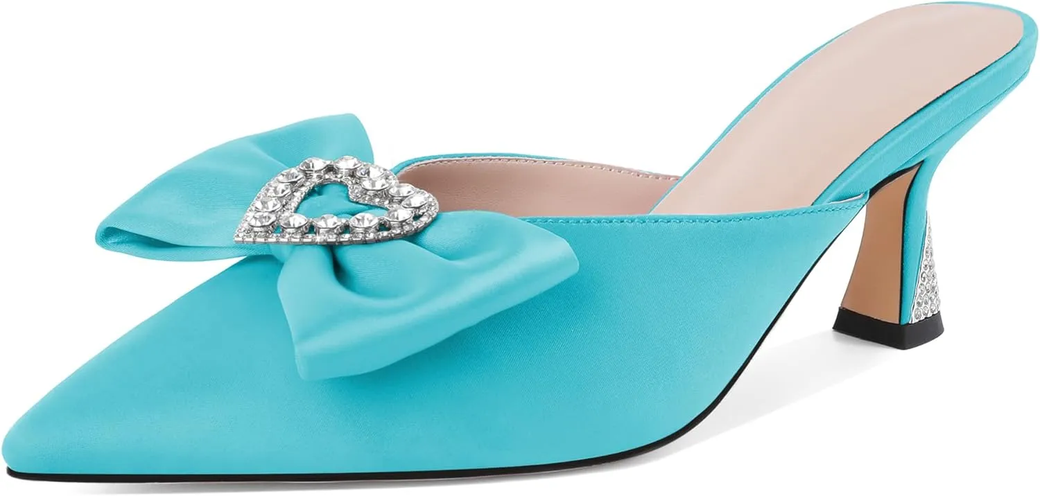 AUMOTED Women Kitten Heel Mules Rhinestone Bow Sandals Pointed Toe Heeled Mule Slip On Low Heels Slipper Glitter Mesh Wedding Bridal Shoes 2.5 Inch