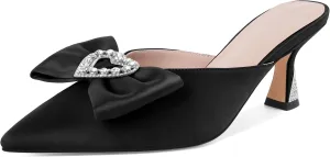 AUMOTED Women Kitten Heel Mules Rhinestone Bow Sandals Pointed Toe Heeled Mule Slip On Low Heels Slipper Glitter Mesh Wedding Bridal Shoes 2.5 Inch