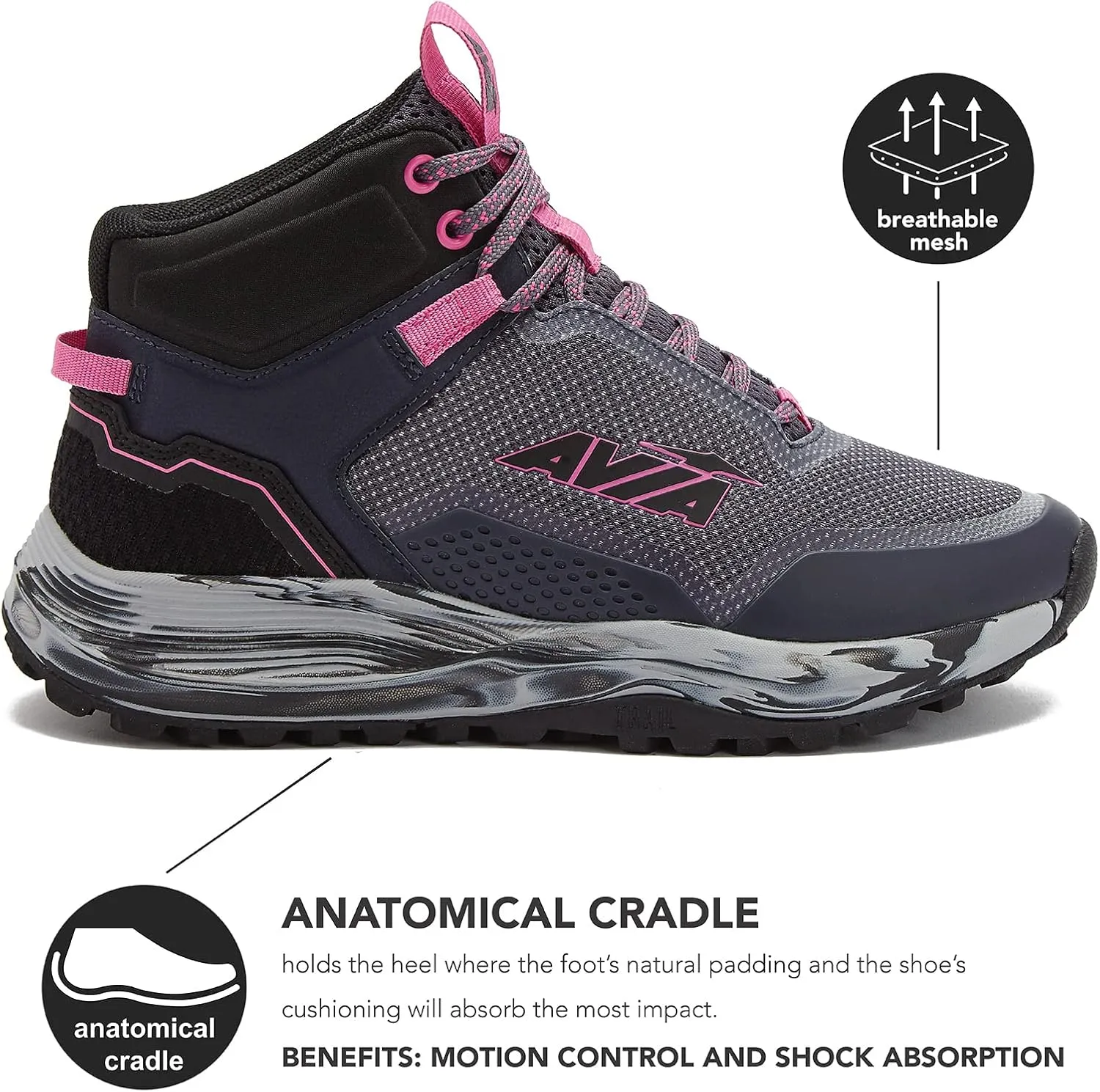 Avia Grit Sport Women’s Hiking Boots, Mid Top Ankle Trail Shoes for All Weather