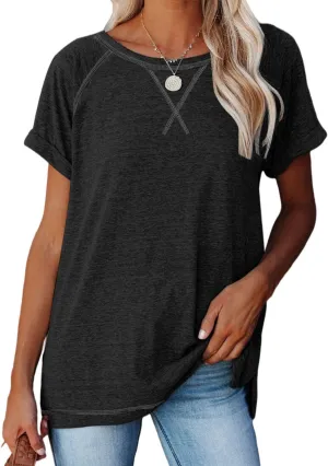 ayreus Women's Casual Short Sleeve T Shirts Crewneck Raglan Tees Side Split Summer Tunic Tops