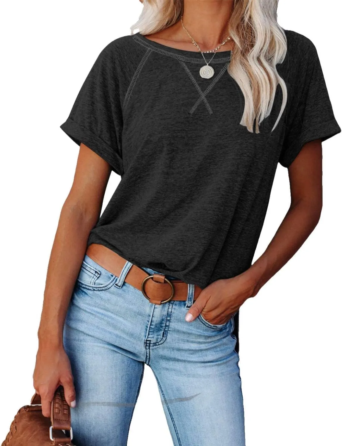 ayreus Women's Casual Short Sleeve T Shirts Crewneck Raglan Tees Side Split Summer Tunic Tops