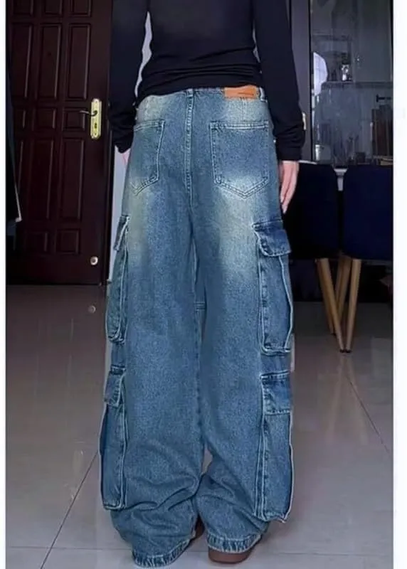 Baggy Cargo Jeans for Women Men Y2K Cargo Denim Sweatpants Low Rise Wide Leg Pants Streetwear Clothes