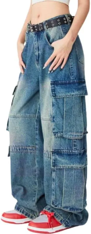 Baggy Cargo Jeans for Women Men Y2K Cargo Denim Sweatpants Low Rise Wide Leg Pants Streetwear Clothes