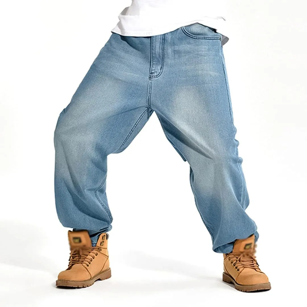 Baggy Jeans for Men Hip Hop Plus Size Loose Fit Skater Dance Washed Blue Jean Denim Pants Simple