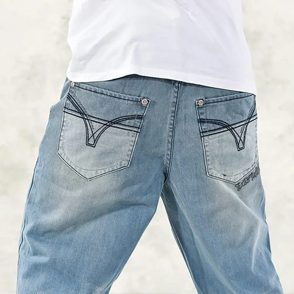 Baggy Jeans for Men Hip Hop Plus Size Loose Fit Skater Dance Washed Blue Jean Denim Pants Simple