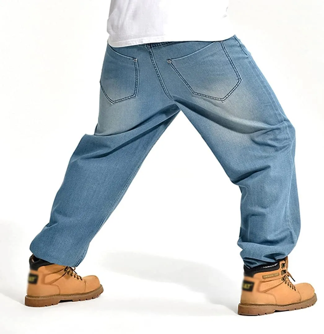 Baggy Jeans for Men Hip Hop Plus Size Loose Fit Skater Dance Washed Blue Jean Denim Pants Simple
