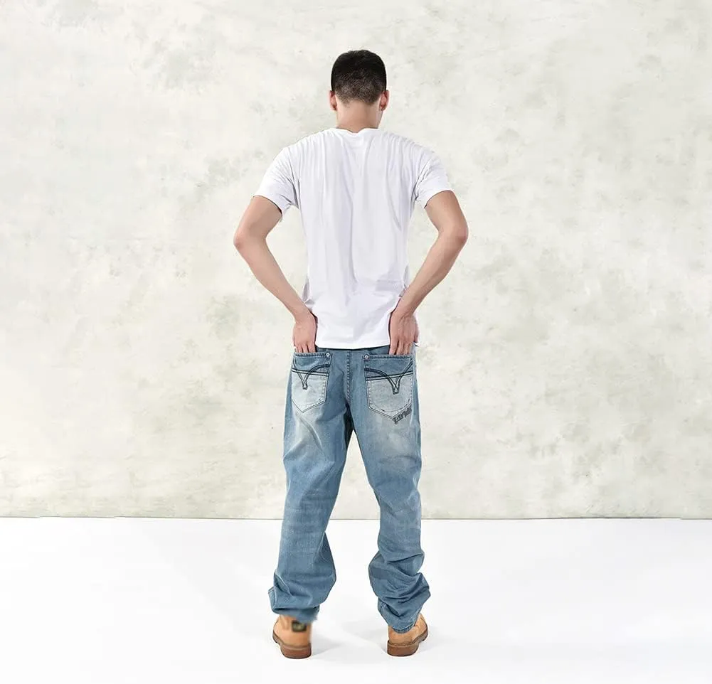 Baggy Jeans for Men Hip Hop Plus Size Loose Fit Skater Dance Washed Blue Jean Denim Pants Simple