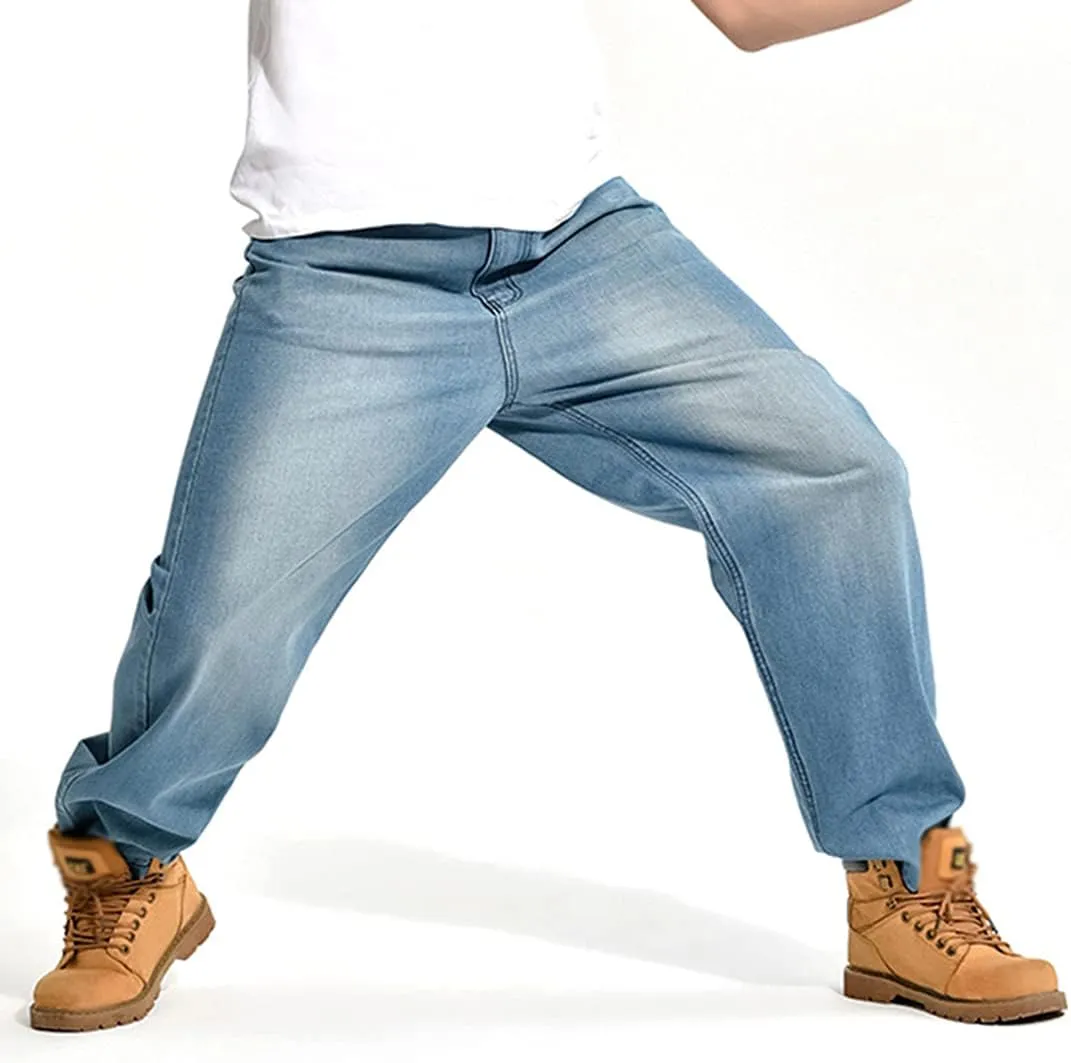 Baggy Jeans for Men Hip Hop Plus Size Loose Fit Skater Dance Washed Blue Jean Denim Pants Simple