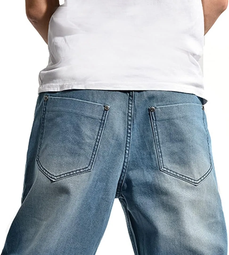 Baggy Jeans for Men Hip Hop Plus Size Loose Fit Skater Dance Washed Blue Jean Denim Pants Simple