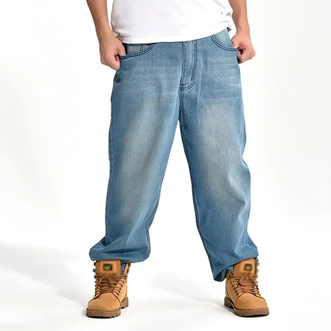 Baggy Jeans for Men Hip Hop Plus Size Loose Fit Skater Dance Washed Blue Jean Denim Pants Simple