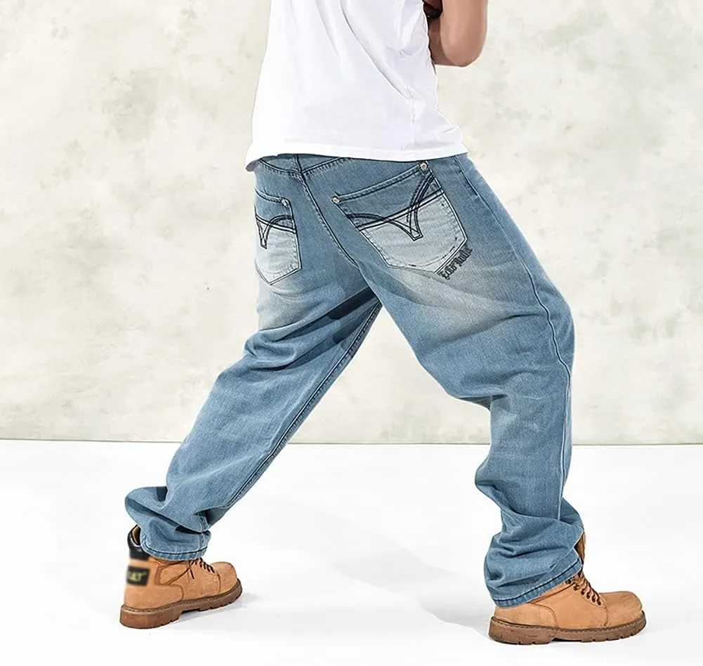 Baggy Jeans for Men Hip Hop Plus Size Loose Fit Skater Dance Washed Blue Jean Denim Pants Simple