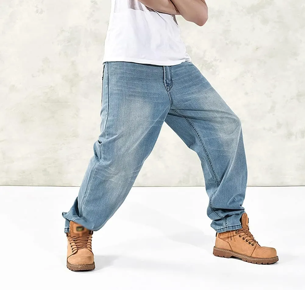Baggy Jeans for Men Hip Hop Plus Size Loose Fit Skater Dance Washed Blue Jean Denim Pants Simple