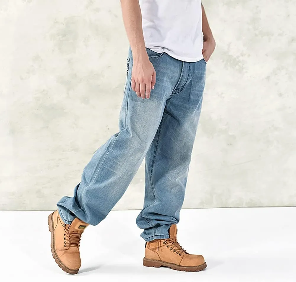 Baggy Jeans for Men Hip Hop Plus Size Loose Fit Skater Dance Washed Blue Jean Denim Pants Simple
