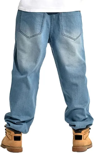 Baggy Jeans for Men Hip Hop Plus Size Loose Fit Skater Dance Washed Blue Jean Denim Pants Simple