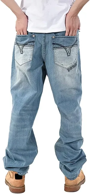 Baggy Jeans for Men Hip Hop Plus Size Loose Fit Skater Dance Washed Blue Jean Denim Pants Simple