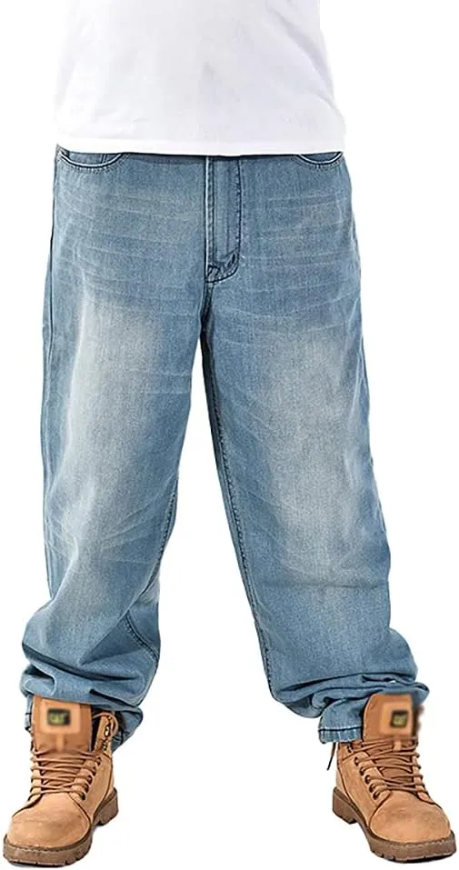 Baggy Jeans for Men Hip Hop Plus Size Loose Fit Skater Dance Washed Blue Jean Denim Pants Simple
