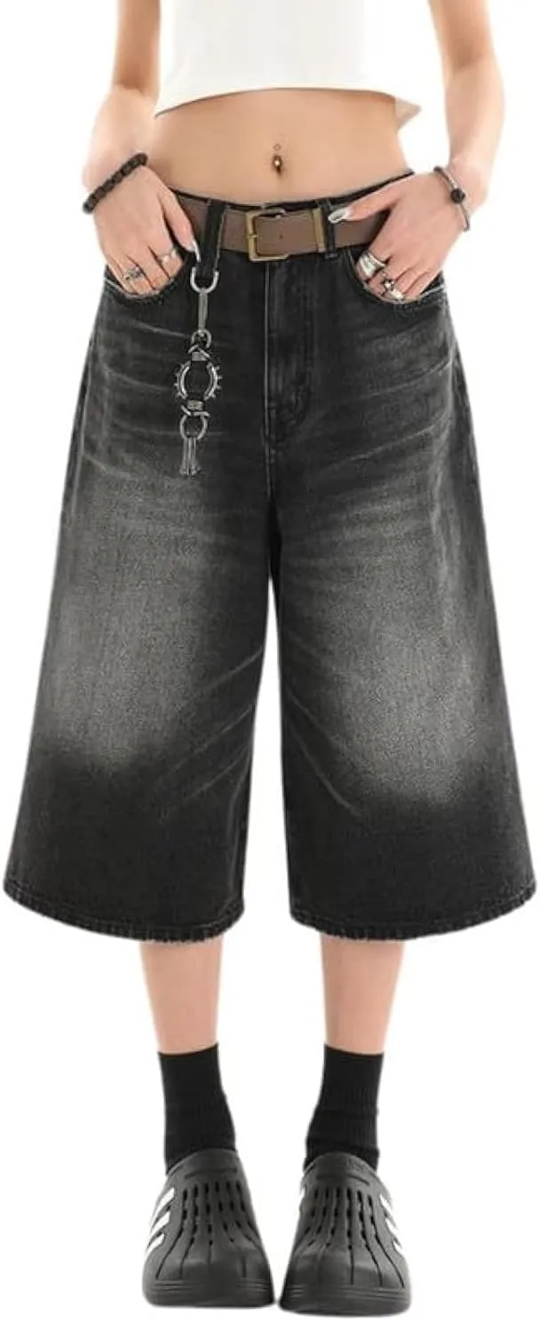 Baggy Wide Leg Cropped Jeans for Women Men Low Waist Jorts Y2k Casual Denim Pants Grunge Summer Clothes.