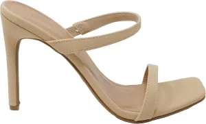 BAMBOO Womens Square Open Toe Heeled Sandals Two Strap High Heel Backless Slip On Mules