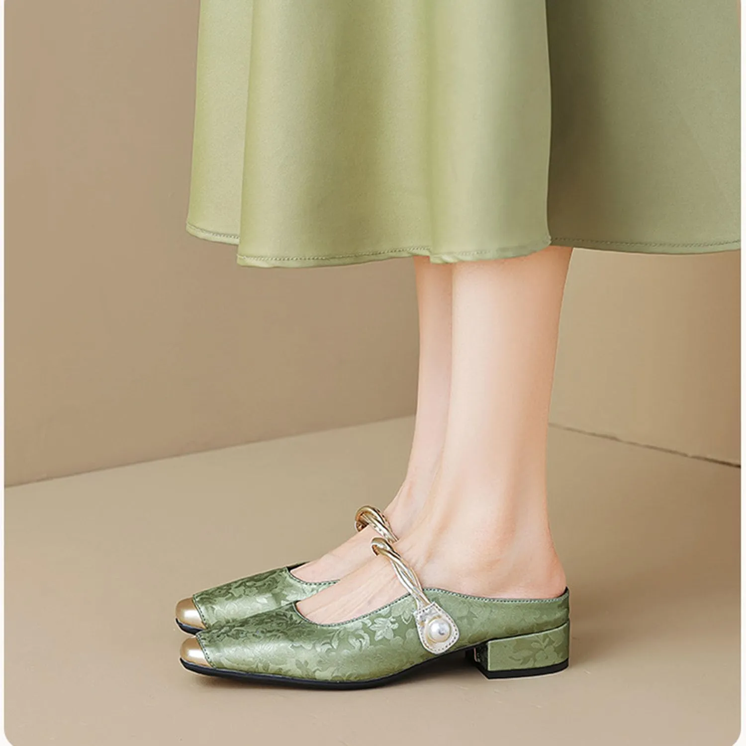 bbruriy Mary Jane Flats for Womens Vintage satin embroidered flat shoes Square Closed Toe slingback mules Strap Buckle Casual Dress Shoes
