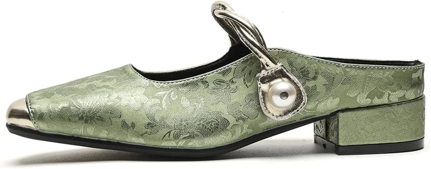 bbruriy Mary Jane Flats for Womens Vintage satin embroidered flat shoes Square Closed Toe slingback mules Strap Buckle Casual Dress Shoes