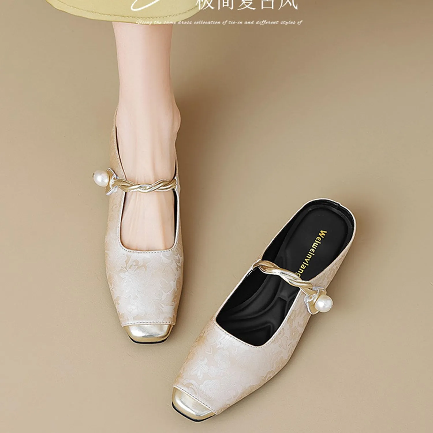 bbruriy Mary Jane Flats for Womens Vintage satin embroidered flat shoes Square Closed Toe slingback mules Strap Buckle Casual Dress Shoes