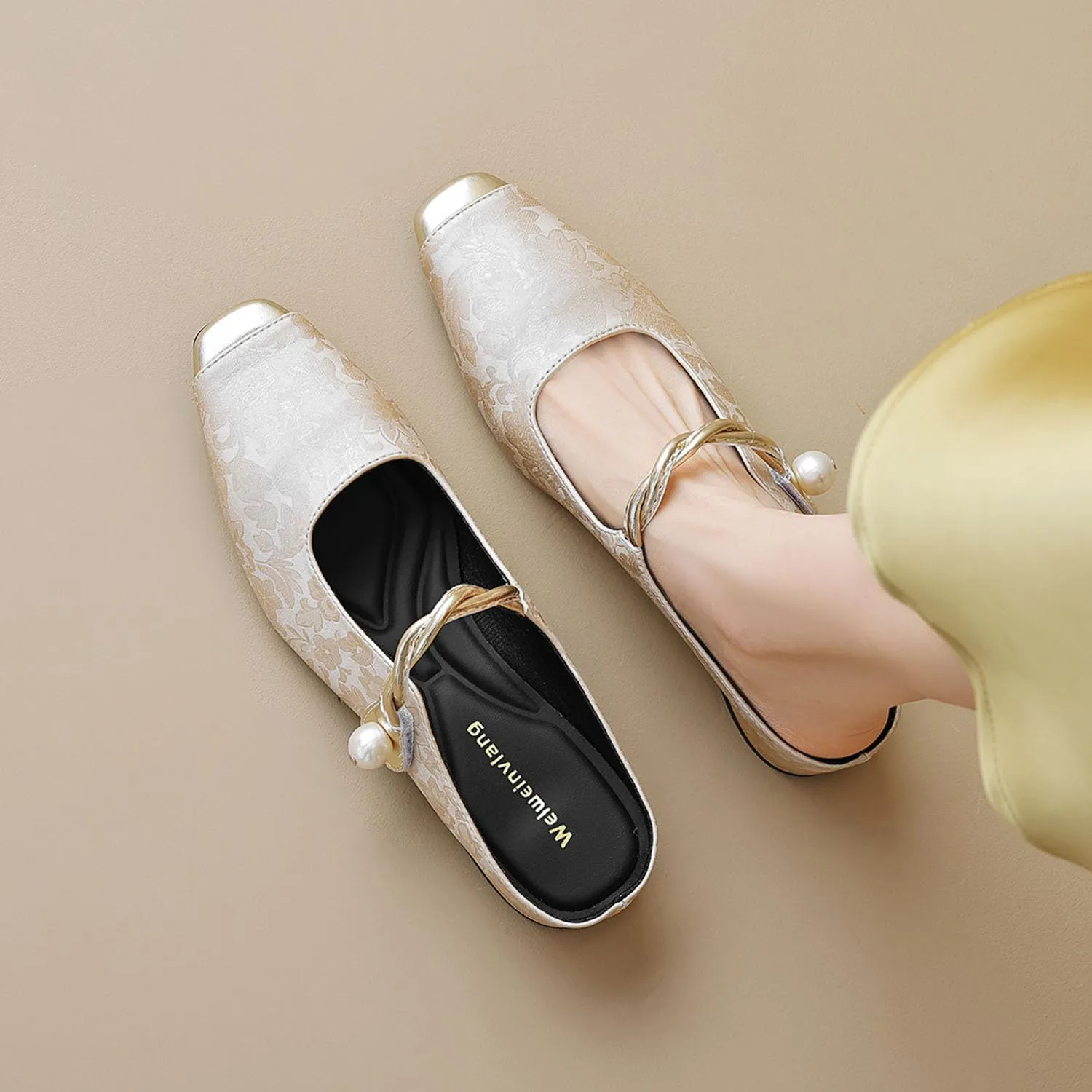 bbruriy Mary Jane Flats for Womens Vintage satin embroidered flat shoes Square Closed Toe slingback mules Strap Buckle Casual Dress Shoes