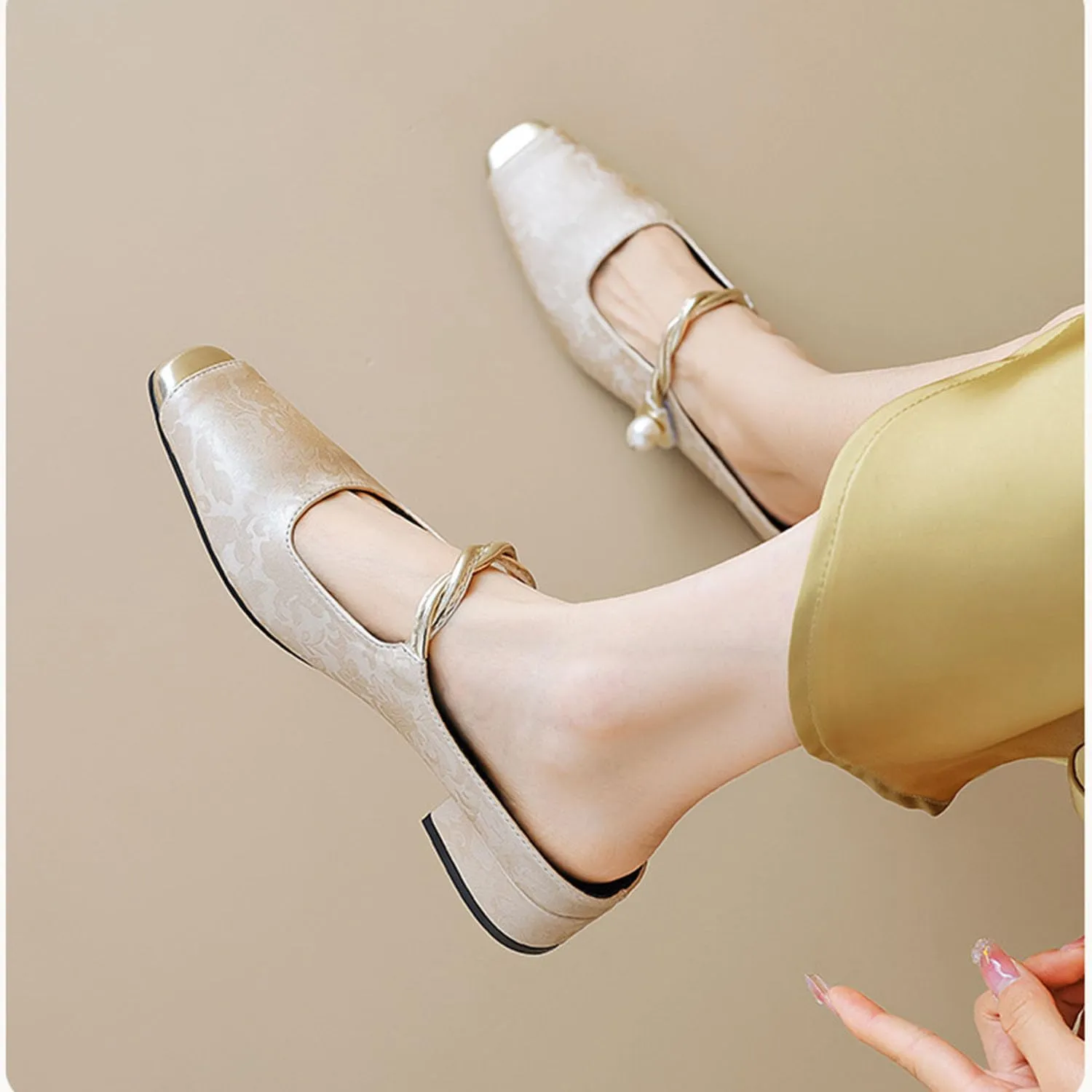 bbruriy Mary Jane Flats for Womens Vintage satin embroidered flat shoes Square Closed Toe slingback mules Strap Buckle Casual Dress Shoes
