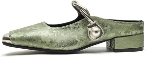 bbruriy Mary Jane Flats for Womens Vintage satin embroidered flat shoes Square Closed Toe slingback mules Strap Buckle Casual Dress Shoes