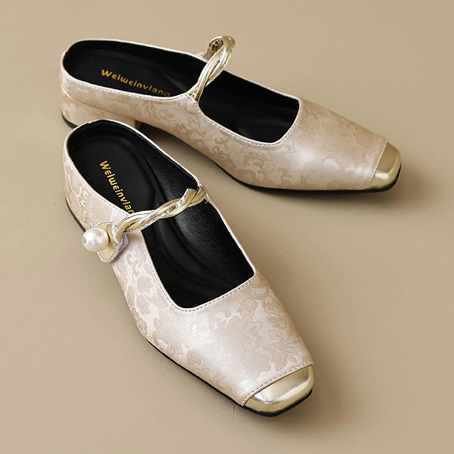 bbruriy Mary Jane Flats for Womens Vintage satin embroidered flat shoes Square Closed Toe slingback mules Strap Buckle Casual Dress Shoes