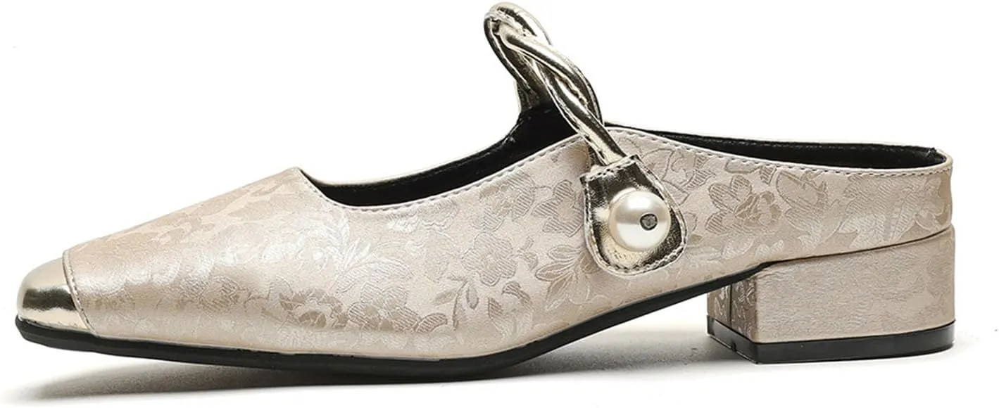 bbruriy Mary Jane Flats for Womens Vintage satin embroidered flat shoes Square Closed Toe slingback mules Strap Buckle Casual Dress Shoes