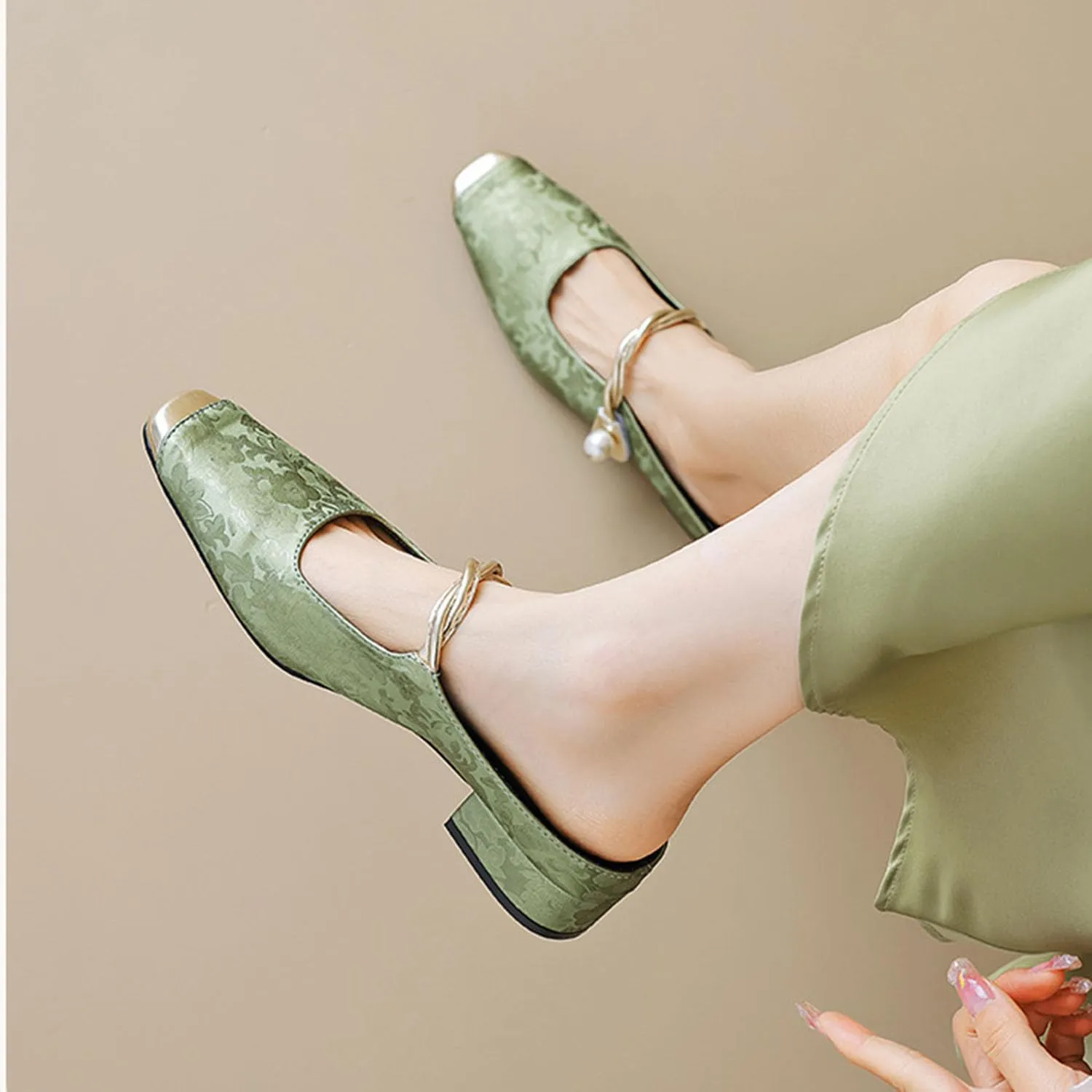 bbruriy Mary Jane Flats for Womens Vintage satin embroidered flat shoes Square Closed Toe slingback mules Strap Buckle Casual Dress Shoes
