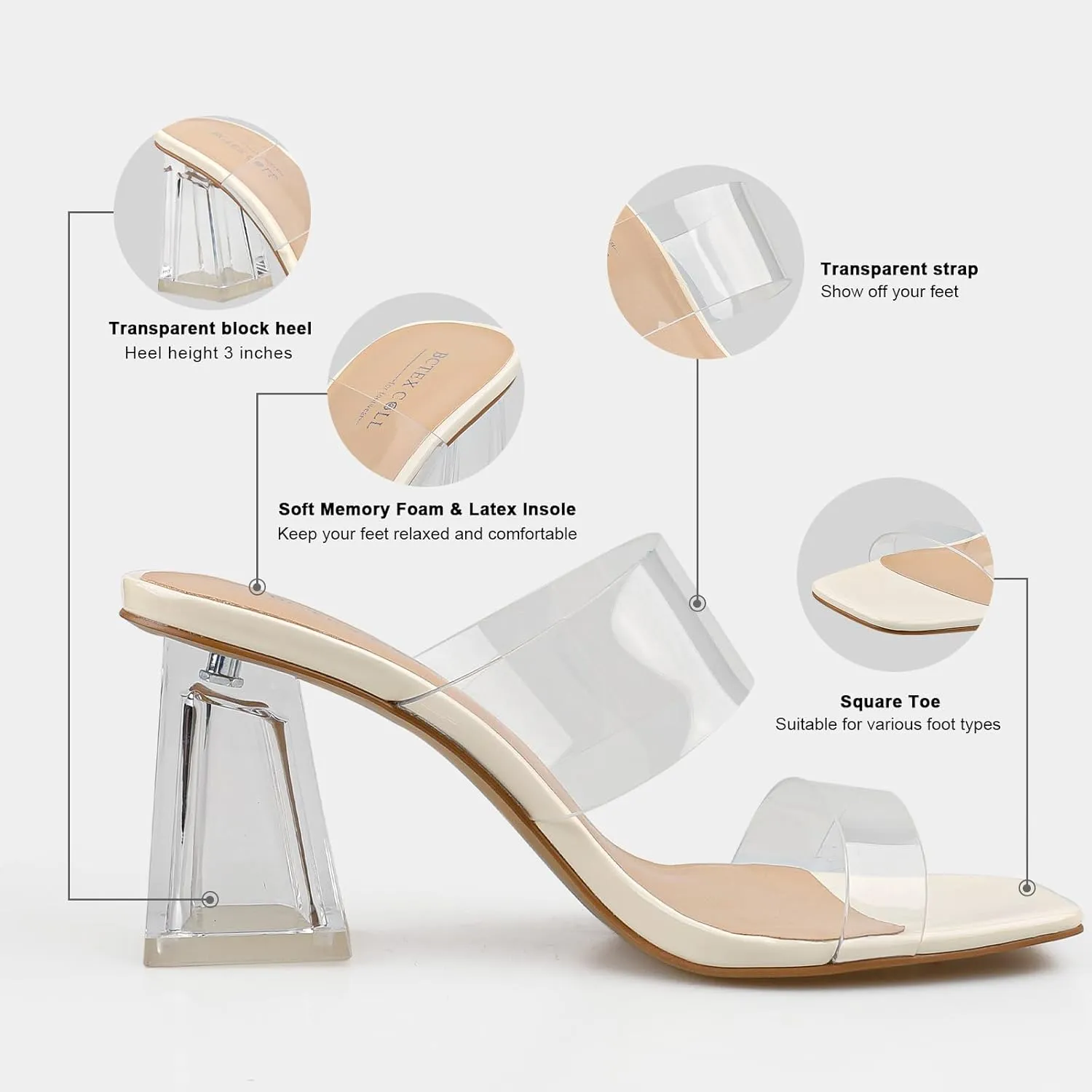 BCTEX COLL Women's Clear Heeled Sandals Transparent Two Strap Square Toe Slip On Chunky Block Heels Dress Shoes, Beige, Black, Nude, Rose Gold