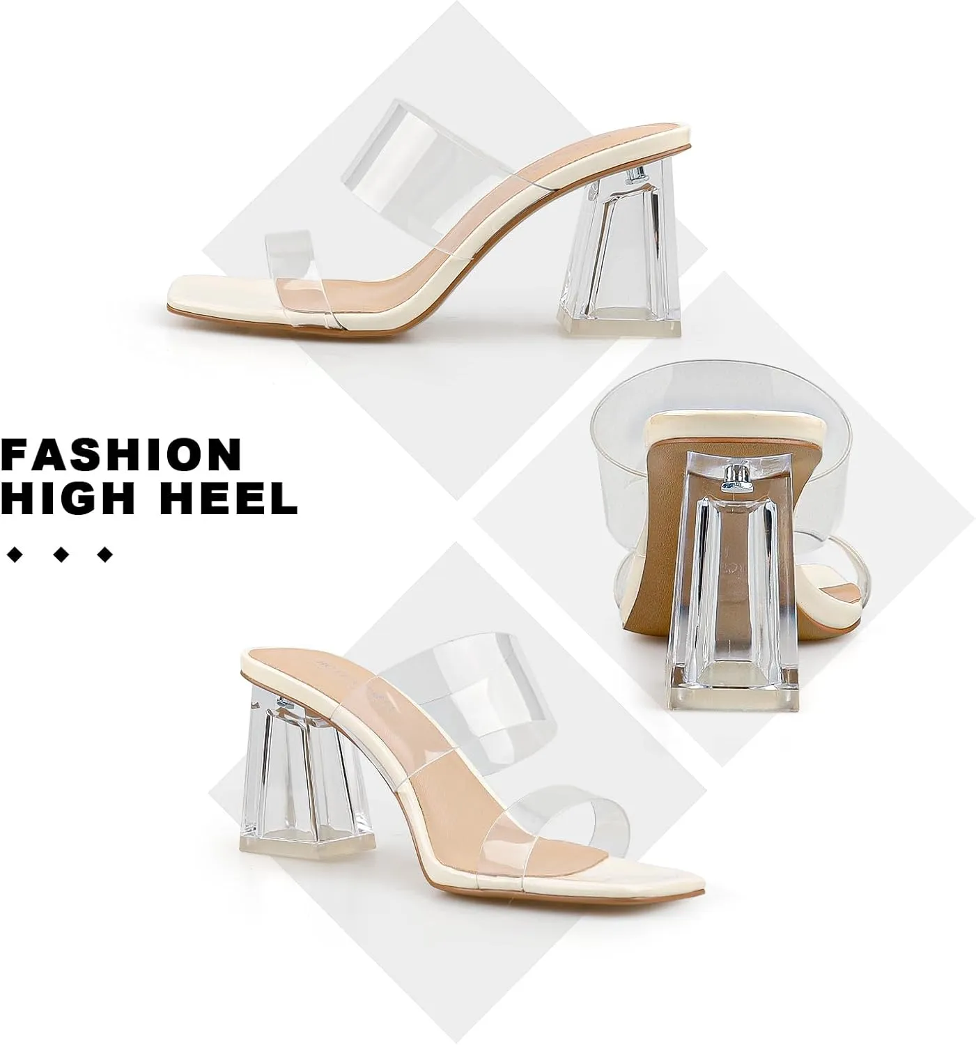 BCTEX COLL Women's Clear Heeled Sandals Transparent Two Strap Square Toe Slip On Chunky Block Heels Dress Shoes, Beige, Black, Nude, Rose Gold