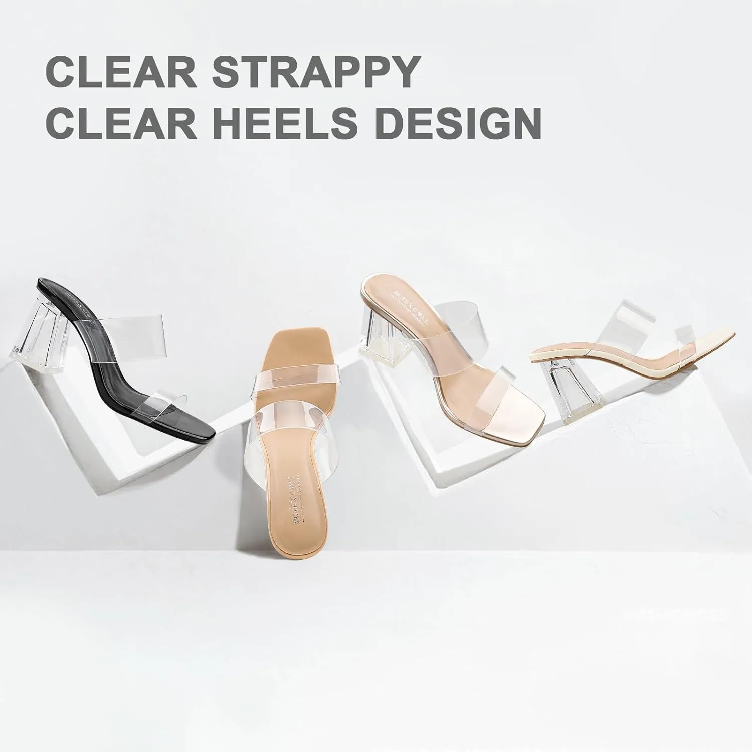 BCTEX COLL Women's Clear Heeled Sandals Transparent Two Strap Square Toe Slip On Chunky Block Heels Dress Shoes, Beige, Black, Nude, Rose Gold