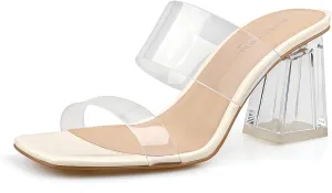 BCTEX COLL Women's Clear Heeled Sandals Transparent Two Strap Square Toe Slip On Chunky Block Heels Dress Shoes, Beige, Black, Nude, Rose Gold