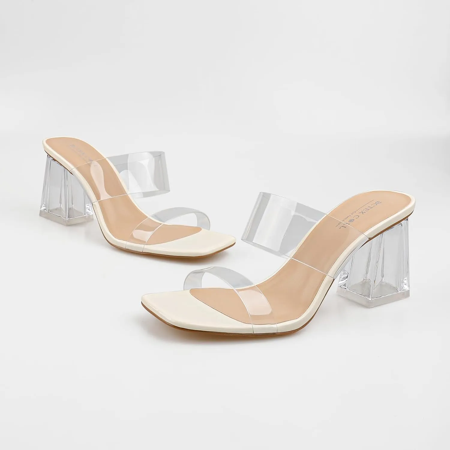 BCTEX COLL Women's Clear Heeled Sandals Transparent Two Strap Square Toe Slip On Chunky Block Heels Dress Shoes, Beige, Black, Nude, Rose Gold