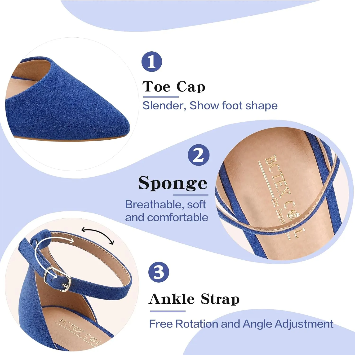 BCTEX COLL Womens Pointed Toe Pumps Shoes Ankle Strap Chunky Low Heels Metal Lined Sandals Designed for Women