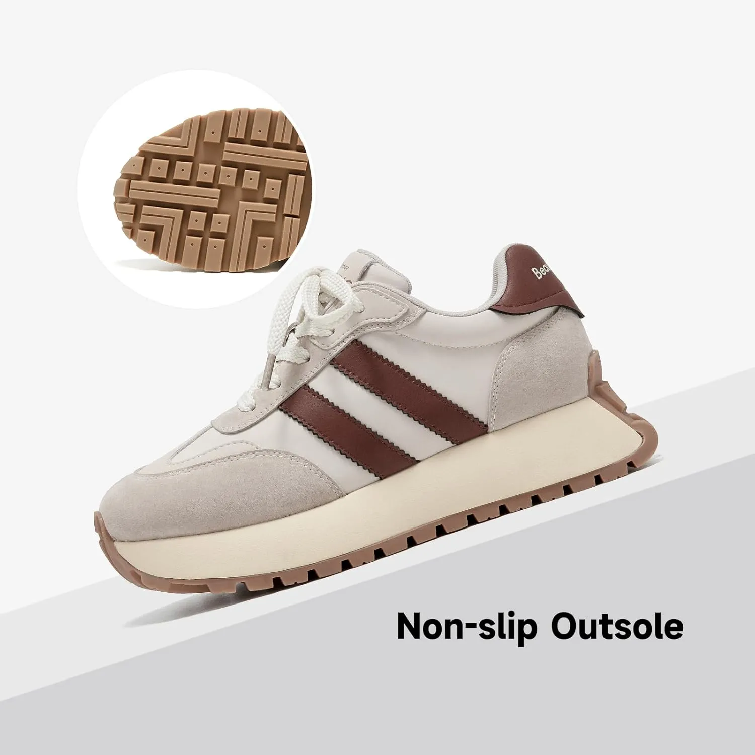 BEAU TODAY Fashion Sneakers for Women, Casual Walking Sneakers for Women, Genuine Leather Chunky Platform Retro Sneakers, Comfortable Non-Slip Tennis Running Shoes