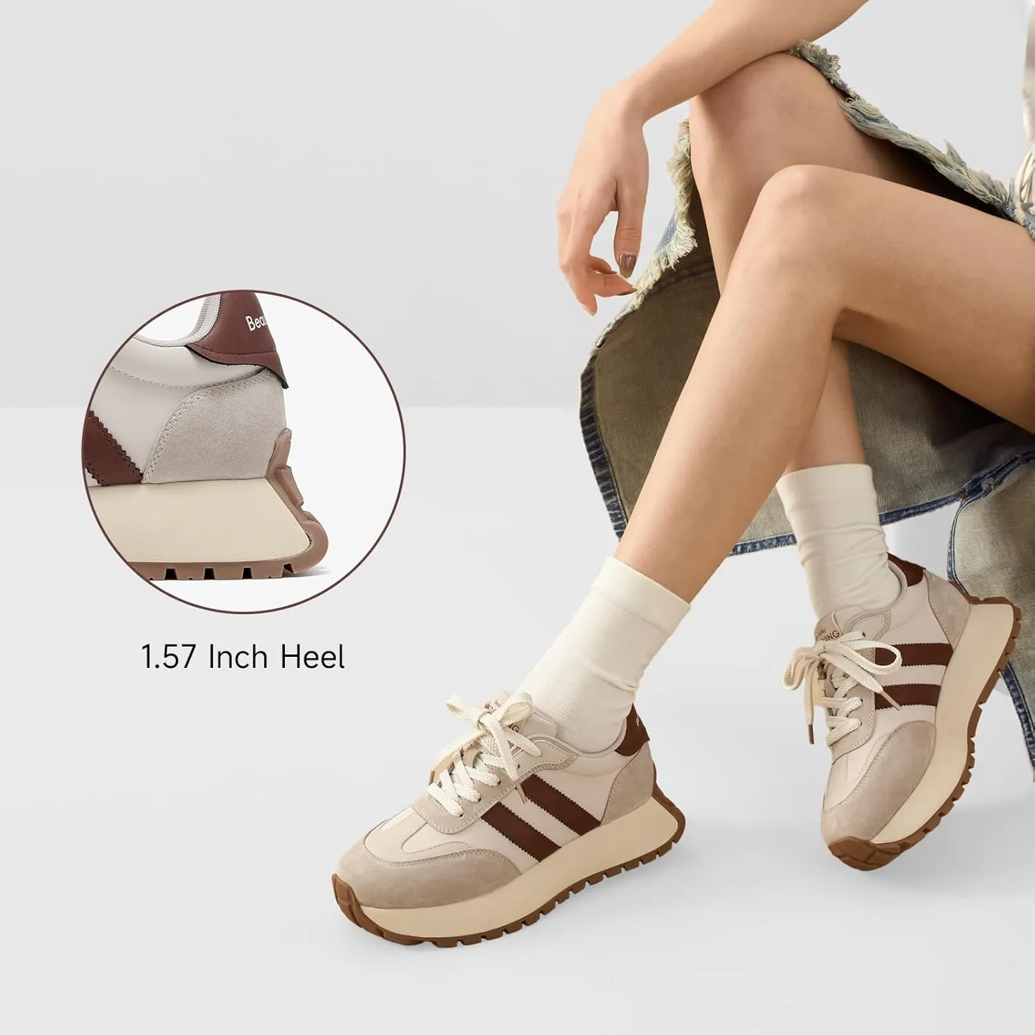 BEAU TODAY Fashion Sneakers for Women, Casual Walking Sneakers for Women, Genuine Leather Chunky Platform Retro Sneakers, Comfortable Non-Slip Tennis Running Shoes