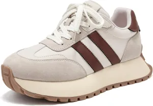 BEAU TODAY Fashion Sneakers for Women, Casual Walking Sneakers for Women, Genuine Leather Chunky Platform Retro Sneakers, Comfortable Non-Slip Tennis Running Shoes