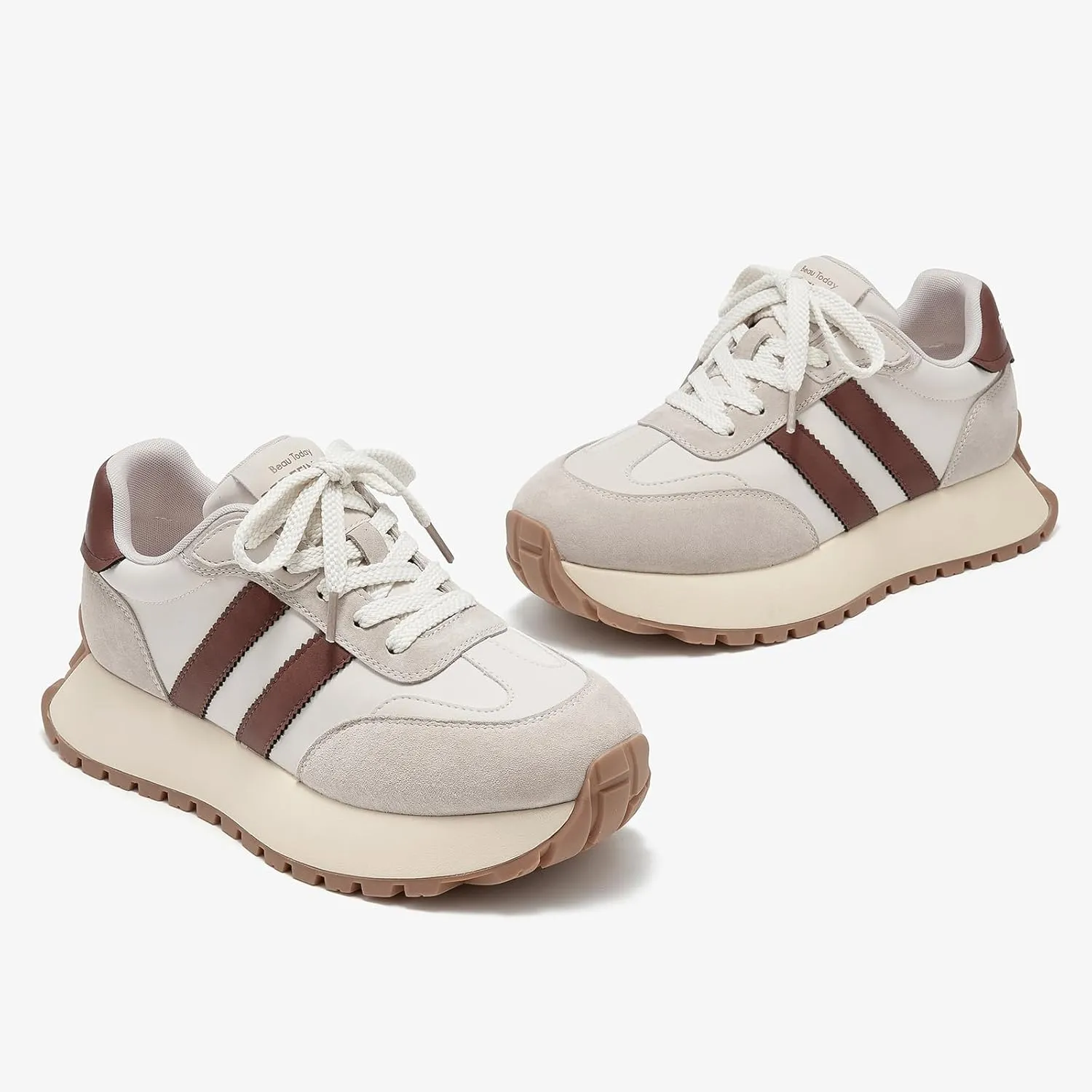 BEAU TODAY Fashion Sneakers for Women, Casual Walking Sneakers for Women, Genuine Leather Chunky Platform Retro Sneakers, Comfortable Non-Slip Tennis Running Shoes