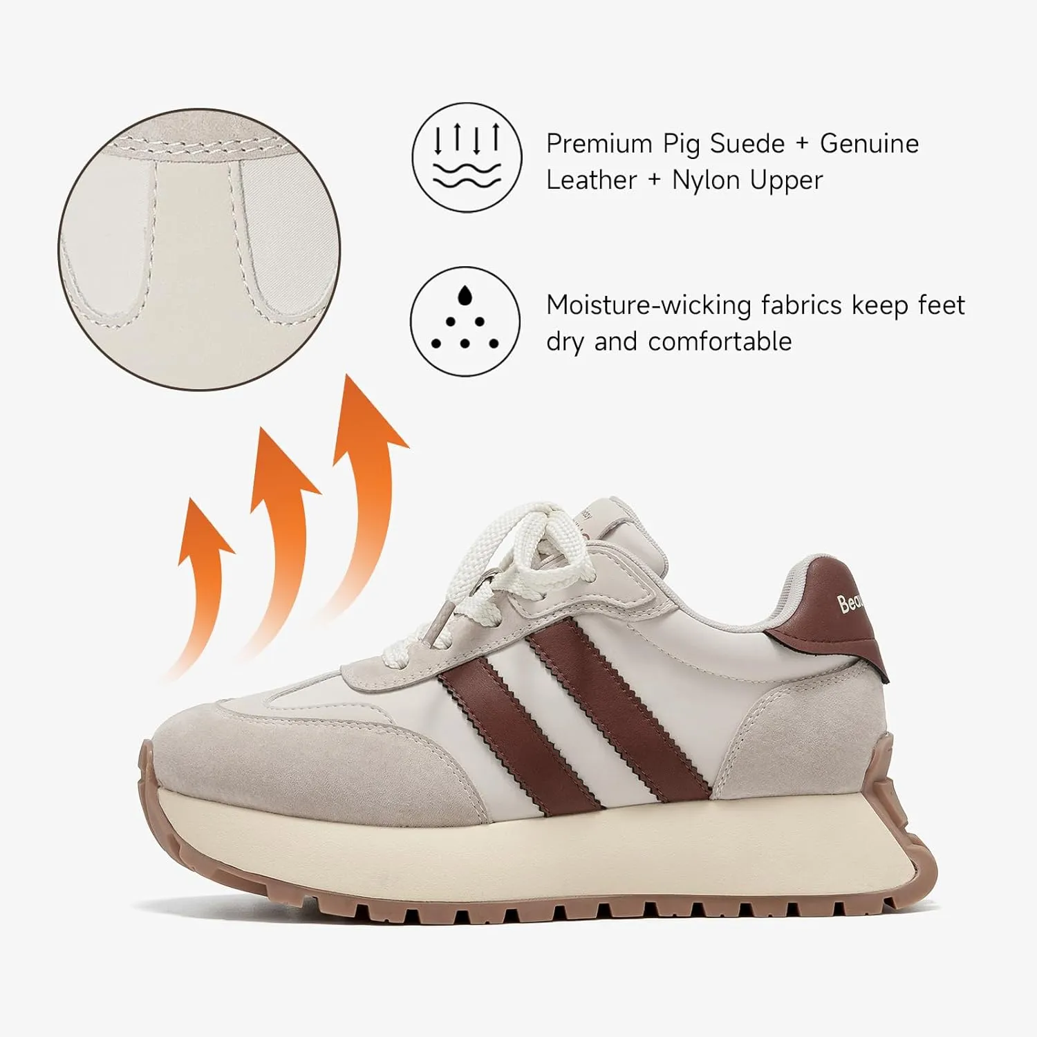 BEAU TODAY Fashion Sneakers for Women, Casual Walking Sneakers for Women, Genuine Leather Chunky Platform Retro Sneakers, Comfortable Non-Slip Tennis Running Shoes