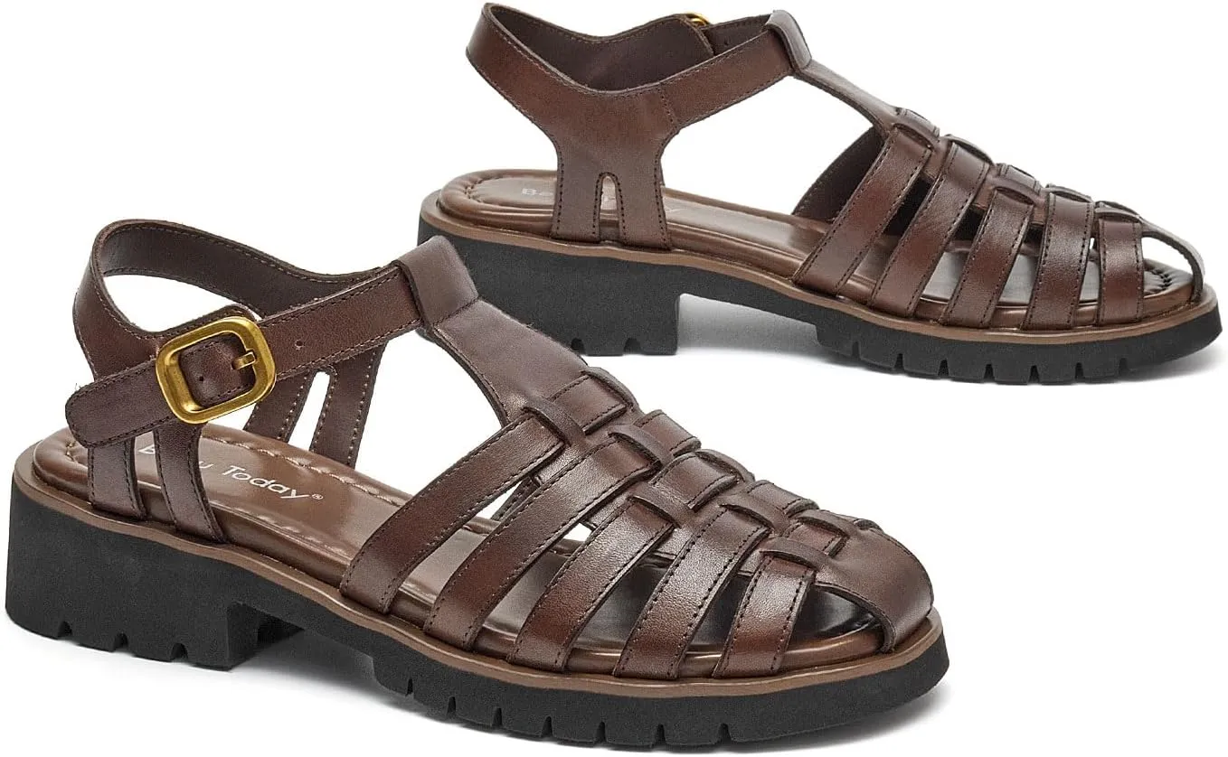 BEAU TODAY Platform Fisherman Sandals for Women, Chunky Gladiator Sandals, Comfortable Fashion Leather Sandals, Casual Closed Toe Lightweight Dressy shoes with Ankle Buckle