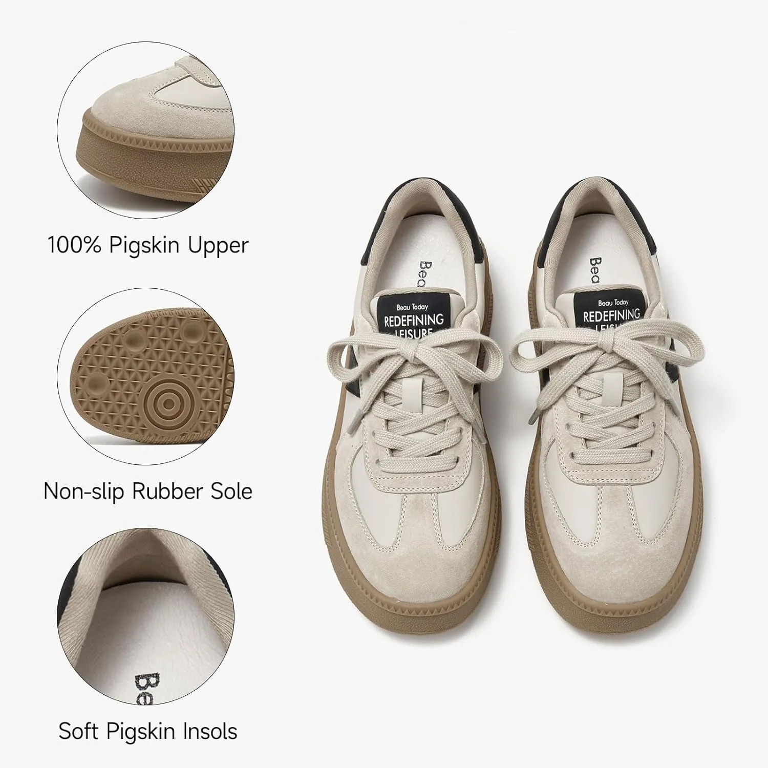 BEAU TODAY Women's Platform Fashion Sneakers, Classic Retro Trainers, Leather Casual Lace Up Skate Shoes, Comfortable Tennis Running Walking Shoes