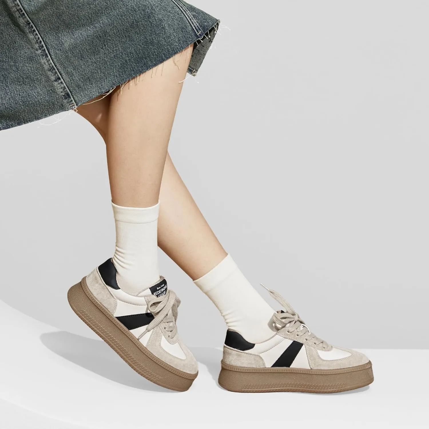 BEAU TODAY Women's Platform Fashion Sneakers, Classic Retro Trainers, Leather Casual Lace Up Skate Shoes, Comfortable Tennis Running Walking Shoes
