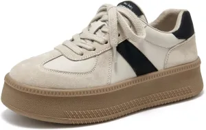 BEAU TODAY Women's Platform Fashion Sneakers, Classic Retro Trainers, Leather Casual Lace Up Skate Shoes, Comfortable Tennis Running Walking Shoes