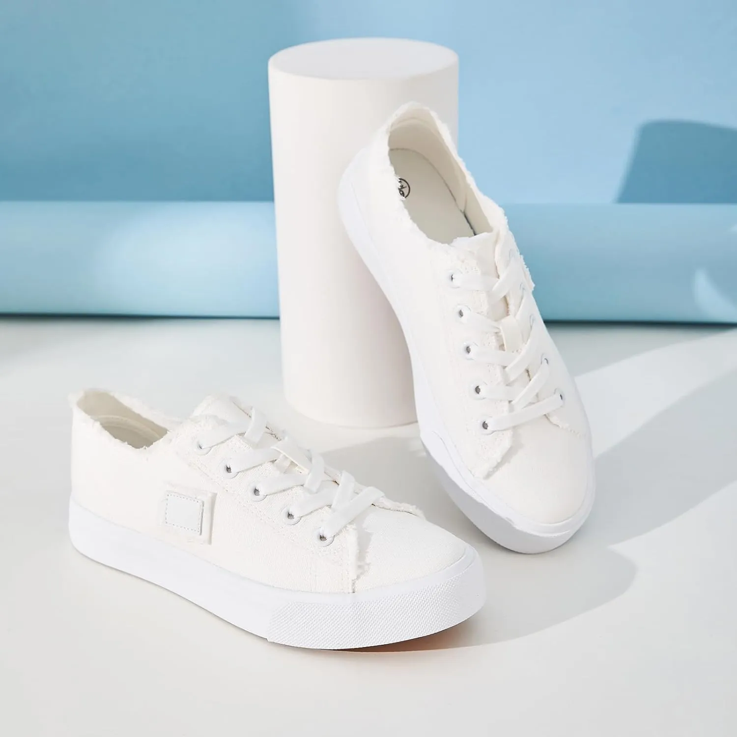 BENPAO Women's White Canvas Shoes Black Canvas Fashion Sneakers for Women Comfortable Casual Tennis Shoes Low Top Walking Shoes